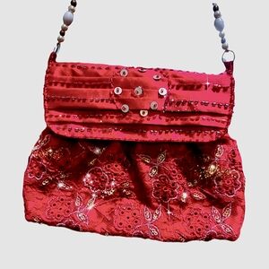 World Finds Beaded Red Satin Handbag Handmade